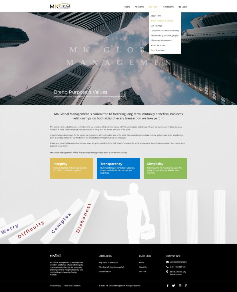 Brand Purpose Value Our Strategy MK Global Management website design by designer zahid