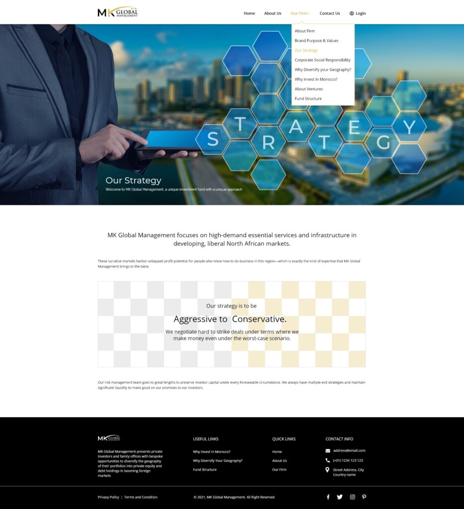 Our Strategy Corporate Social Responsibility MK Global Management website design by designer zahid