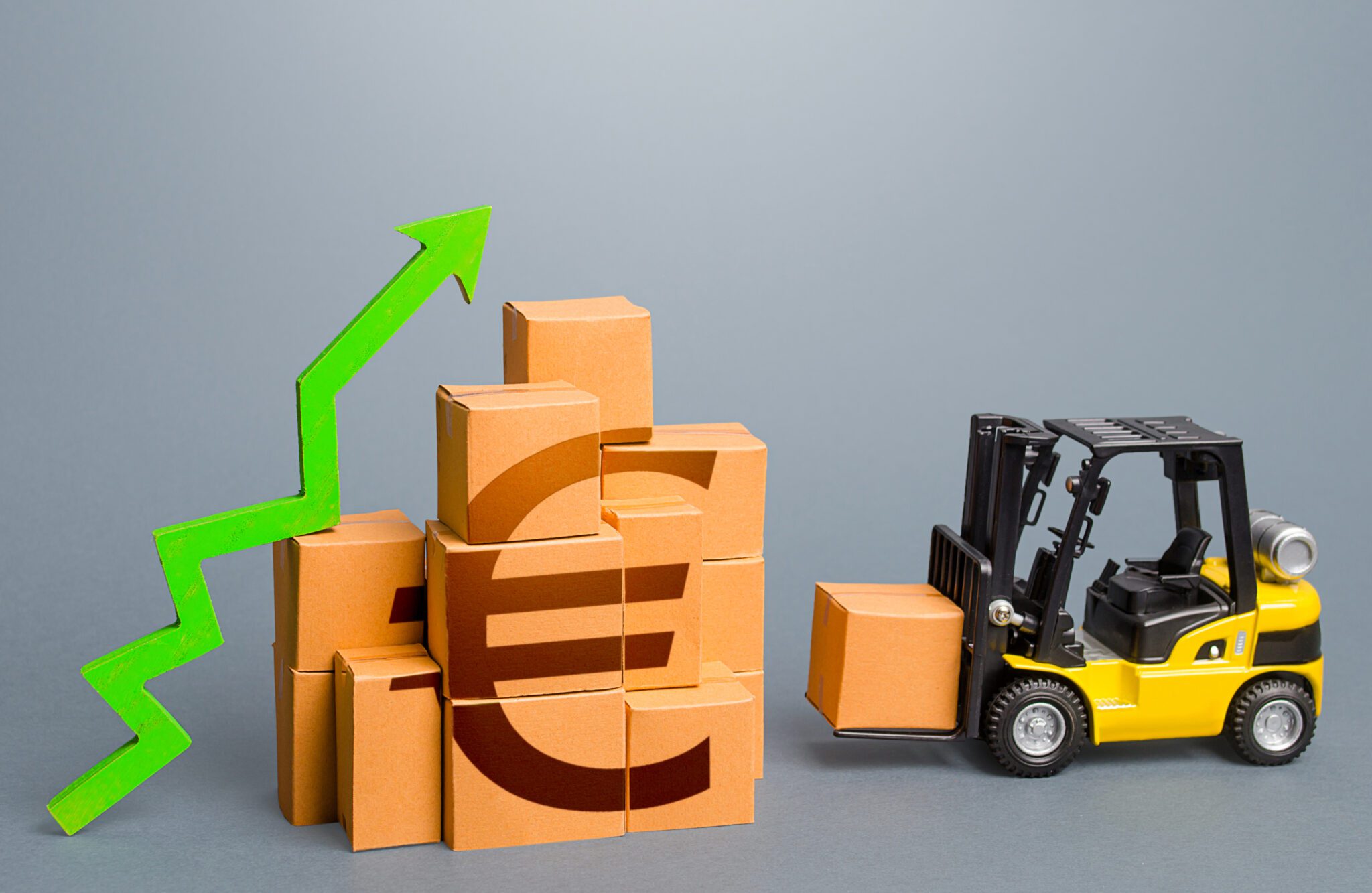 Forklift and stack of boxes with euro symbol and green up arrow. Sales growth concept.